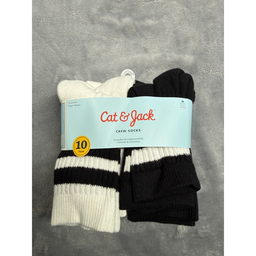 Cat & Jack Crew Socks Boys Medium Black White Varsity Striped Stretchy 10 Pair